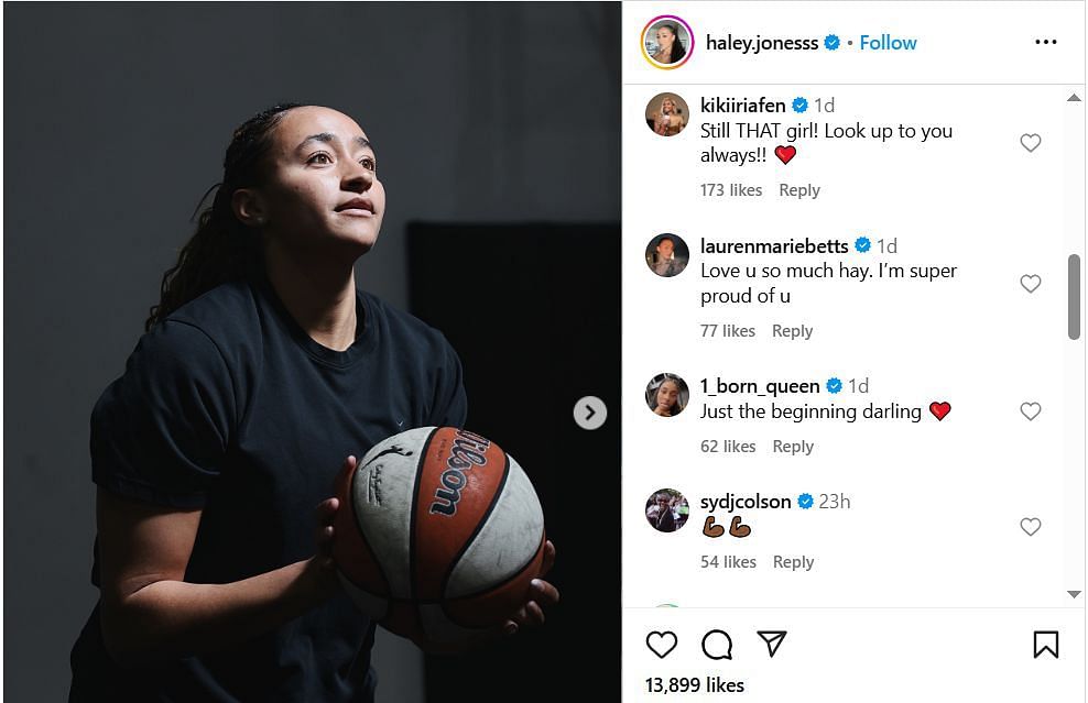 Lauren Betts reacts to Haley Jones' IG post. Image via @haley.jonesss